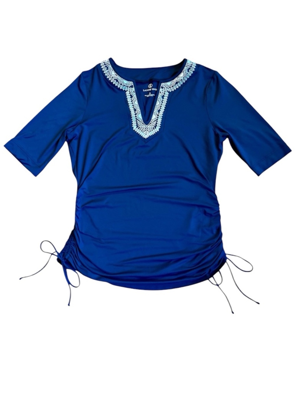 Lands End rashguard swim top dark blue white appliqué S preppy vacation beach